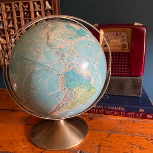 Vintage Rand McNally World Portrait Globe,  Double Axis, Raised Topography, Gold-coloured base, Excellent Condition, 1970&#39;s