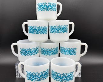 Vintage Federal Glass Milk Glass Mugs (Set of 8): Daisy Tulip Floral Pattern