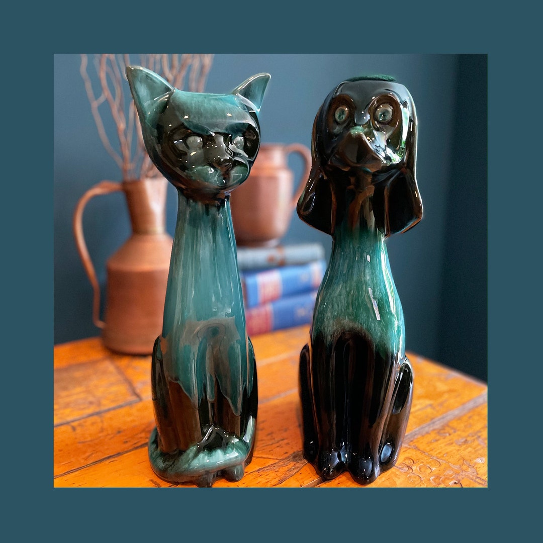 Vintage Pair of Blue Mountain Pottery Large Cat and Hound Dog, 14 Tall