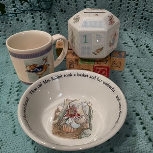 Vintage Peter Rabbit 3-Piece Baby Gift, Bowl, Mug, Bank, Wedgwood, Beatrix Potter Frederick Warne, Made in England, Excellent condition