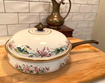 Sartén vintage ASTA Violetta esmaltada con tapa y asas de latón, década de 1960