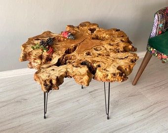 Hecho a pedido, mesa de centro de madera de olivo, mesa de centro Live Edge, mesa de centro redonda, mesa de centro de granja, mesa Burl