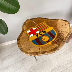 Resin FC Barcelona  Oak Coffee Table, Unique Coffee Table, Live Edge Coffee Table