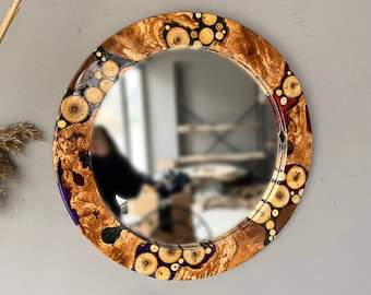 Epoxy Olive Wood Round Wall Mirror, Wood Frame Mirror, Circle Wood Mirror, Decorative Mirror, Live Edge Wood Wall Mirror