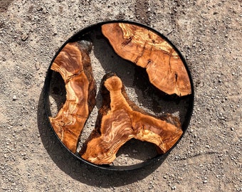 Live Edge Olive Wood Slab: Epoxy Resin & Metal Frame