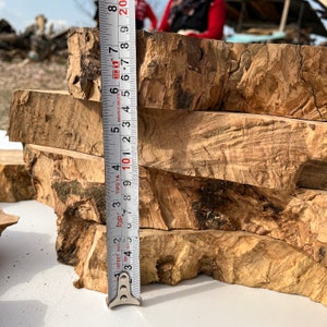 May include: A stack of four wooden slices with a natural, rustic finish. The slices are approximately 8 inches in length and have a unique, knotty grain pattern. A measuring tape is placed next to the wood slices, showing the length.