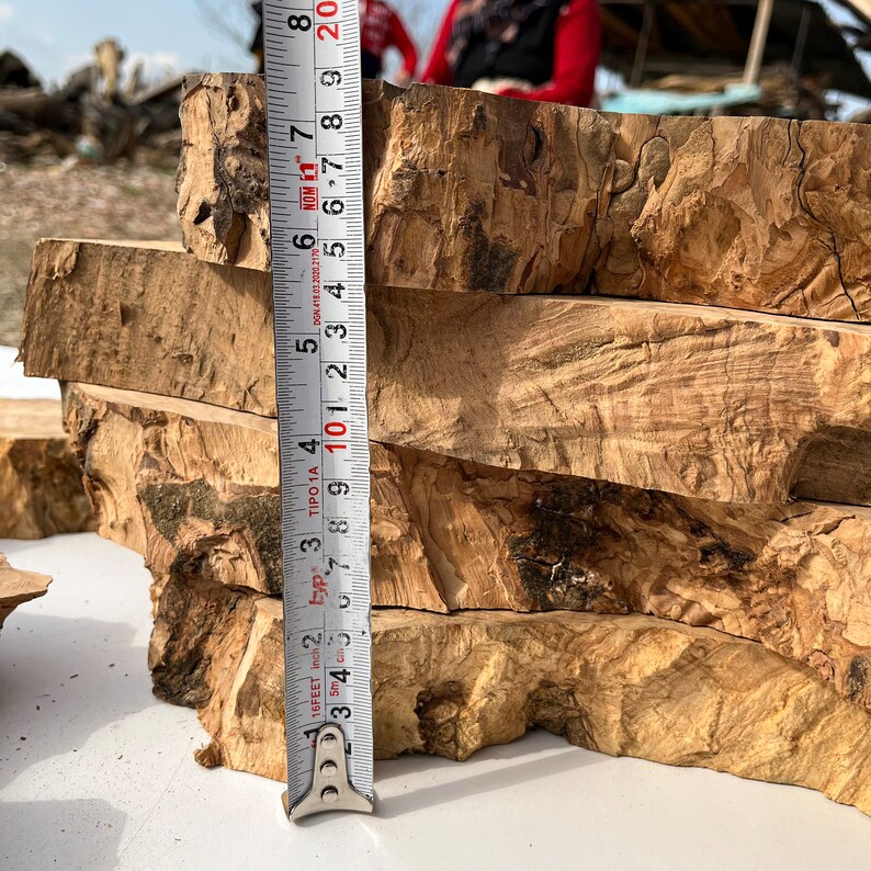 May include: A stack of four wooden slices with a natural, rustic finish. The slices are approximately 8 inches in length and have a unique, knotty grain pattern. A measuring tape is placed next to the wood slices, showing the length.