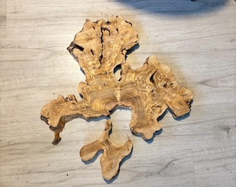 May include: A large, natural wood slice with a unique, irregular shape and a beautiful grain pattern. The wood is light brown in color and has a smooth, polished finish.
