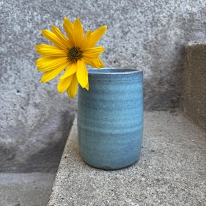 Könnte beinhalten: Eine kleine, zylindrische, blaue Keramikvase hält eine leuchtend gelbe Blume. Die Vase hat eine strukturierte Oberfläche und einen etwas dunkleren blauen Rand. Die Blume hat viele gelbe Blütenblätter und eine dunkelbraune Mitte. Die Vase steht auf einer Betonoberfläche.