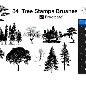 Op de afbeelding: Een afbeelding met 84 boomstempelpenselen voor Procreate. De afbeelding toont verschillende boom silhouetten, waaronder dennen, palmen en loofbomen, allemaal in zwart tegen een witte achtergrond. Een digitale interface toont penseelvariaties.