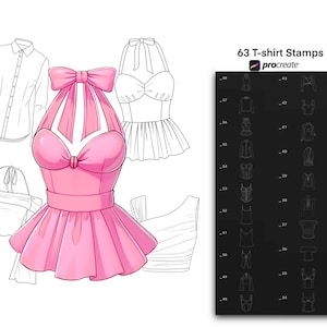 Può includere: Illustrazione digitale di un abito rosa all'americana con dettaglio fiocco, circondato da disegni a linea di vari top e camicie. Un pannello nero mostra 63 timbri per magliette per Procreate.