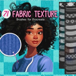 Op de afbeelding: Digitale illustratie van een vrouw met donker krullend haar en een blauwe trui, die "71 Fabric Texture Brushes for Procreate" promoot. Een close-up toont blauwe geribbelde stof. Verschillende stofpatronen worden rechts weergegeven.