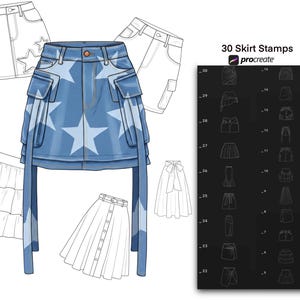 May include: A blue denim skirt with white star pattern and cargo pockets is the focal point. Outlines of other skirt styles are also shown. The image also includes a black panel with the text "30 Skirt Stamps" and the Procreate logo.