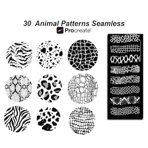 May include: A digital collection titled 30 Animal Patterns Seamless Procreate featuring various black and white textures. The image displays nine circular swatches of animal prints including zebra, leopard, and reptile scales, alongside a vertical panel showing eight distinct repeating pattern strips.