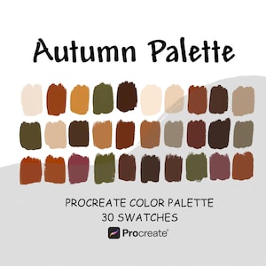 Op de afbeelding: Een digitaal kleurenpalet getiteld Autumn Palette met 30 individuele verfstalen in verschillende tinten bruin, oranje, beige, olijfgroen en donkerrood. De tekst luidt Autumn Palette, Procreate Color Palette en 30 Swatches.