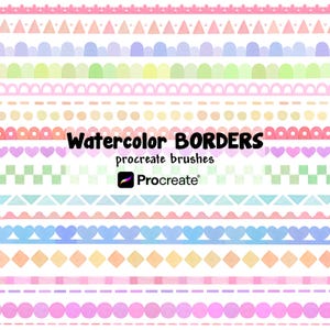 Puede incluir: Una colección digital de bordes de acuarela con varias formas geométricas, corazones y líneas festoneadas en colores pastel. El texto dice Watercolor BORDERS procreate brushes con el logotipo de Procreate sobre un fondo blanco.