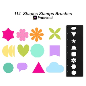 Könnte beinhalten: Eine digitale Sammlung mit dem Titel 114 Shapes Stamps Brushes für Procreate, die eine Vielzahl bunter geometrischer und organischer Formen wie Sterne, Herzen, Wolken und Blumen sowie eine schwarze Seitenleiste mit nummerierten Symbolen zeigt.