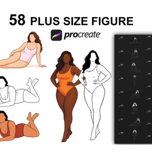 May include: Digital illustrations of plus-size figures in various poses, including line drawings and coloured versions. The image includes the text "58 PLUS SIZE FIGURE" and the Procreate logo, showcasing a range of body types.