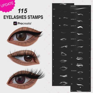 May include: Digital art set featuring 115 eyelash stamps for Procreate. The image showcases three stylized eye illustrations with varying lash styles and a selection of eyeliner designs. The word "UPDATE" is in a pink banner.