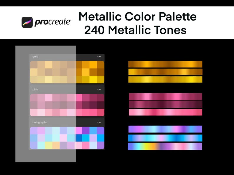 Metallic Procreate Palette: 240 Gold, Rose, Holographic, Silver Tones ...