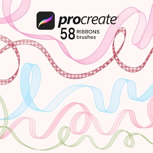 May include: Digital art brushes for Procreate featuring 58 ribbon designs in various colors. The image includes pink, blue, and green ribbons, some with patterned details. The Procreate logo is visible in the top left corner.