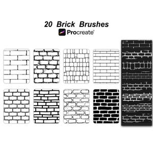May include: A digital collection titled 20 Brick Brushes for Procreate, featuring eight distinct black and white brick pattern swatches and a vertical reference strip on the right side displaying numbered brick textures from 10 to 20.
