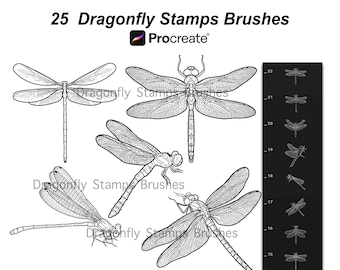 Sellos de libélula para Procreate - 25 sellos de pincel de insectos/libélulas/diseños de tatuajes/paquete de pinceles digitales (descarga digital)