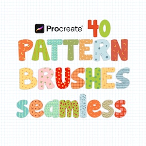 May include: Colorful digital art graphic with the Procreate logo and the words "40 Pattern Brushes Seamless". The text is in a playful font with various patterns and colors, including orange, green, blue, and red, on a white grid background.
