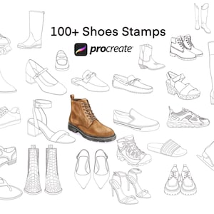 May include: An assortment of shoe designs, including boots, sneakers, sandals, and roller skates, are displayed in a digital illustration. The image features a brown leather boot in the center. Text at the top reads "100+ Shoes Stamps" with the Procreate logo.