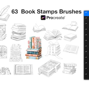 Peut inclure: Image présentant 63 tampons de pinceaux de livres pour Procreate. L'image comprend diverses illustrations de livres, notamment des piles, des livres ouverts et des livres avec des rubans. Le texte du titre est en noir, et le logo Procreate est visible.