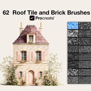 May include: Digital art brushes for Procreate, featuring 62 roof tile and brick textures. The image showcases a detailed illustration of a charming house with a red roof, pink shutters, and floral accents, alongside a preview of the brush textures.