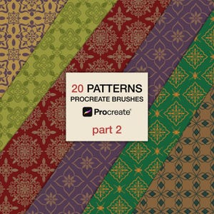 Puede incluir: Una colección digital de 20 patrones para pinceles Procreate, mostrados como tiras diagonales en varios colores incluyendo oro, verde oliva, rojo oscuro, morado y verde esmeralda, con el texto 20 PATTERNS PROCREATE BRUSHES part 2.