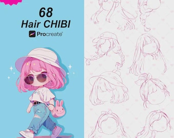 68 Chibi Hair Stamps, Procreate Brushes