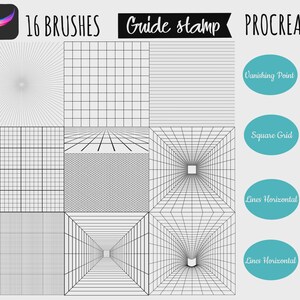 May include: A digital art guide for Procreate, featuring 16 brushes and guide stamps. The image displays various grid patterns, including vanishing points and square grids, with a white stylus on the right. Text includes "16 BRUSHES", "Guide stamp", and "PROCREATE".