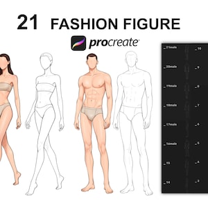 Può includere: Illustrazione digitale di figure di moda per Procreate. L'immagine presenta tre figure in diverse pose, una colorata e due in linea. Il testo "21 FASHION FIGURE" e il logo Procreate sono in alto, con un pannello di figure aggiuntive a destra.