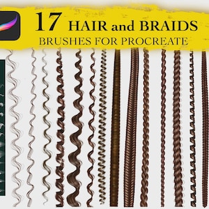 May include: An image showcasing 17 hair and braid brushes for Procreate. The image features various brown hair and braid styles, including wavy, curly, and braided textures. The text "17 HAIR and BRAIDS BRUSHES FOR PROCREATE" is displayed in black on a yellow background.