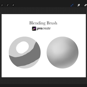 Könnte beinhalten: Digitale Kunstillustration einer Mischpinsel-Demonstration. Das Bild zeigt zwei graue Formen: einen Ring mit einem dunkelgrauen Streifen und eine Vollkugel. Der Text "Blending Brush" und "procreate" wird über den Formen angezeigt.