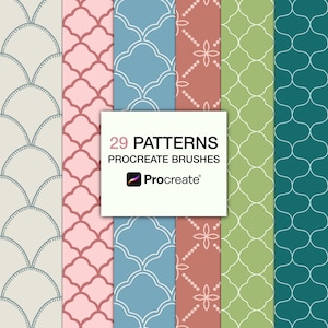 May include: A digital collection of 29 patterns for Procreate brushes featuring various geometric designs. The image displays six vertical strips with repeating motifs in cream, pink, blue, terracotta, green, and teal, with the text 29 PATTERNS PROCREATE BRUSHES.