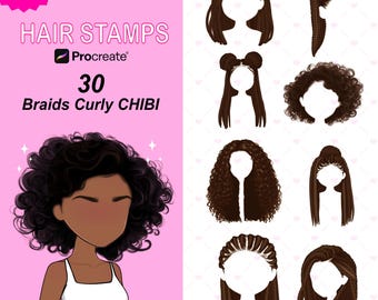 Procreate Hair Stamp Brushes, Curly Chibi Hairstyles (30+2 Stamps)