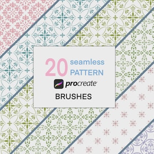 May include: A digital art graphic featuring 20 seamless pattern brushes for Procreate. The patterns are displayed in diagonal stripes, showcasing various color schemes including pink, blue, green, and purple. The image includes the text "20 seamless pattern Procreate brushes."