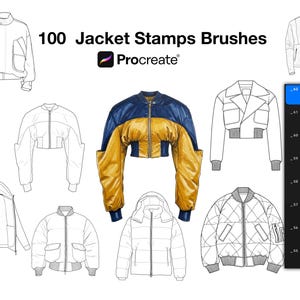 Pode incluir: Uma imagem com vários designs de jaquetas, incluindo uma jaqueta bomber cropped azul e amarela. O texto "100 Jacket Stamps Brushes" é exibido acima dos designs, junto com o logotipo Procreate.