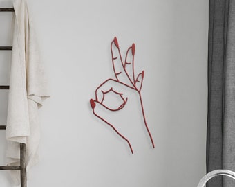 OK Hand Sign Metal Wall Art | Minimalist Line Metal Art | Lady Wall Decor | Hand Female, Woman Art | Bathroom Decor | OK Sign Spa Art Nails