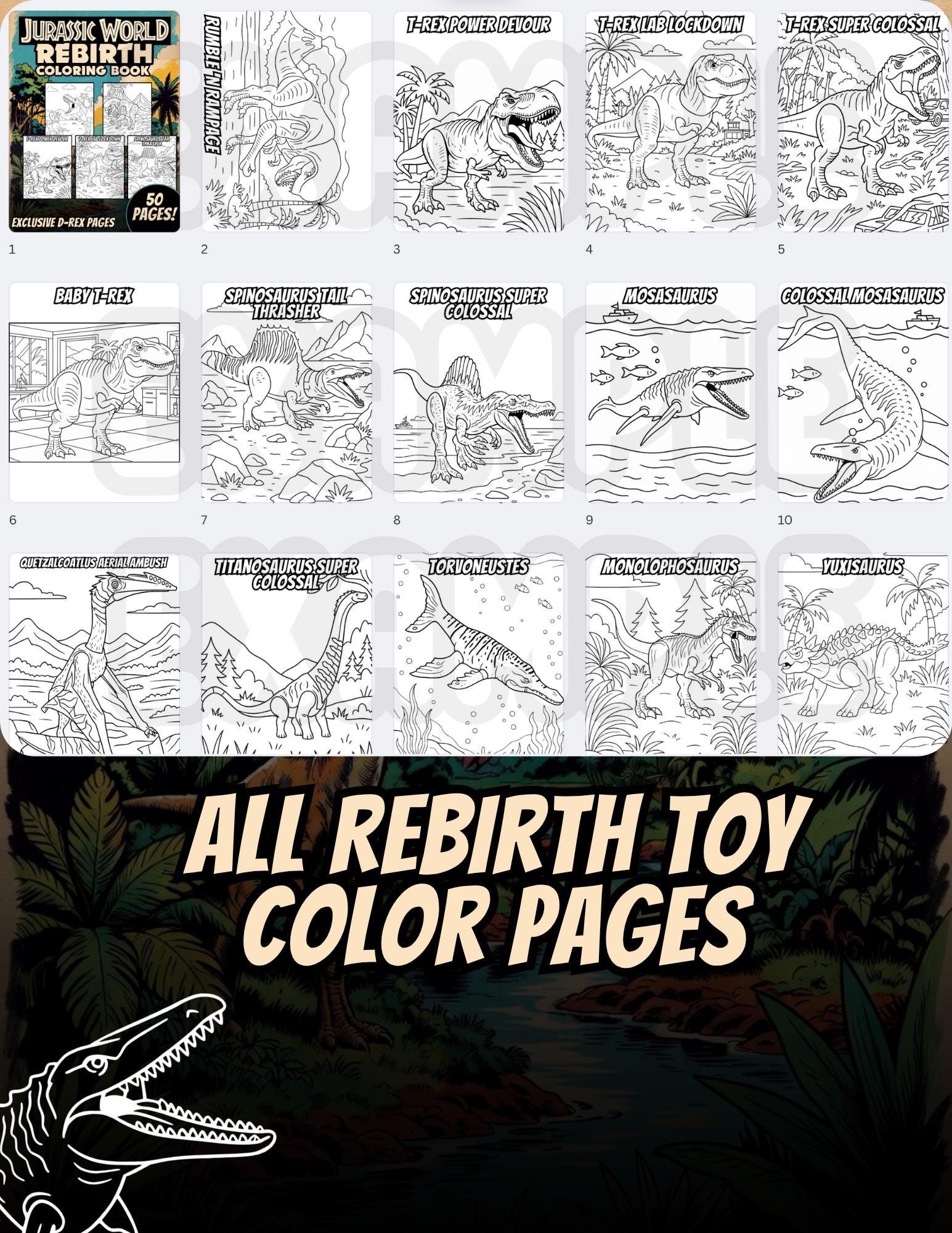 Jurassic World Rebirth Toy & D-rex Coloring Book | 50+ Coloring Pages