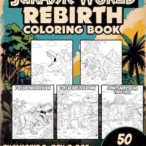 Puede incluir: Un "Libro para colorear Jurassic World Rebirth" con un diseño vintage. La portada presenta el título e imágenes de dinosaurios, incluyendo un T-Rex y un Spinosaurus. El libro contiene 50 páginas de páginas para colorear exclusivas D-Rex y Pop.