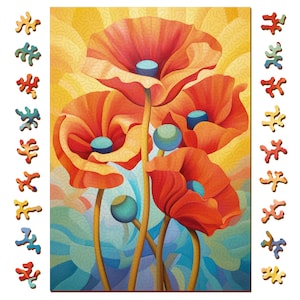 Poppy Dreams Wooden Jigsaw Puzzle: Unique Abstract Cut, Gemturt Art Gift