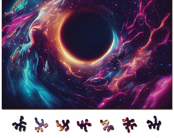 May include: A wooden jigsaw puzzle depicting a vibrant cosmic scene with a black hole at the center. The puzzle features swirling nebulae in shades of blue, purple, and orange. Several unique puzzle pieces are scattered below the assembled puzzle.
