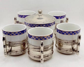 Vintage Italian Silver Espresso Set of 6, Monopoli Bamboo Demitasse Cups & Sugar Bowl