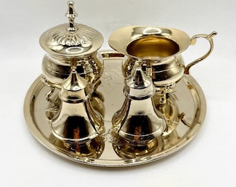 7pc Vintage Indian Silver Plate Tea Service, Etched Floral Tray, Brass Condiment Set