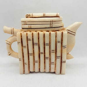 Vintage Hand Carved Soapstone Bamboo Teapot with Stacked Books Lid