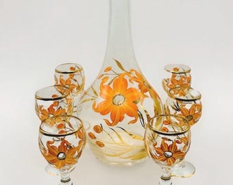 Vintage MCM Orange Floral Decanter Set | Hand Painted Wine Glasses, Bohemia Glass